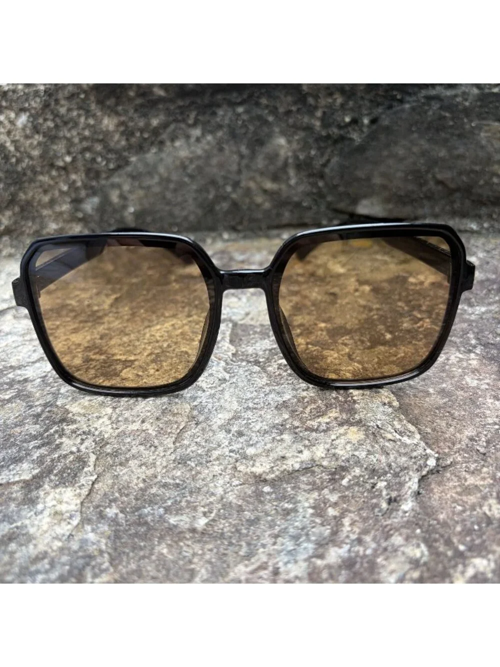 70s Style Oversized Square Black Sunglasses Warm Brown Tinted Lens Festival Boho